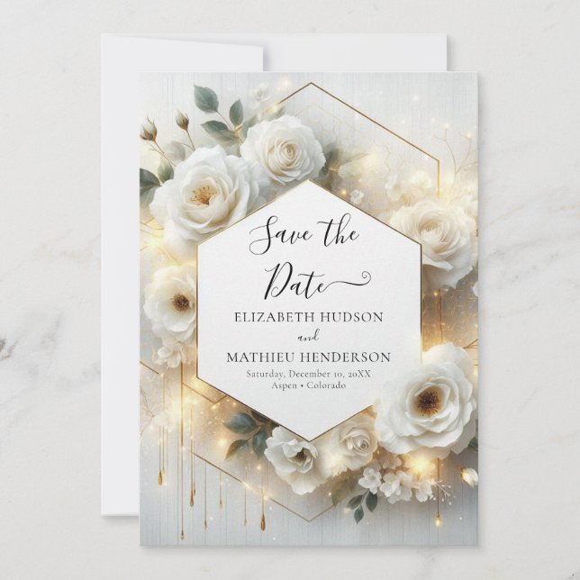 Minimalist Romantic White Roses Wedding  Save The Date (Front)