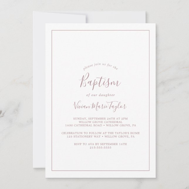 Minimalist Rose Gold Baptism Invitation (Front)