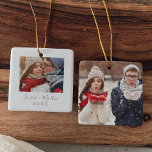 Minimalist Rose Gold Couples Keepsake Photo Ceramic Ornament<br><div class="desc">This minimalist rose gold couples keepsake photo ceramic ornament is the perfect simple Christmas tree decoration. The design features classic blush pink and white typography paired with a rustic yet elegant script font with hand lettered style. Personalize the front of this keepsake ornament with a photo, your names and the...</div>
