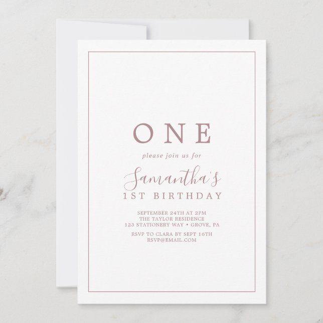 Minimalist Rose Gold First Birthday Party Invitation (Front)