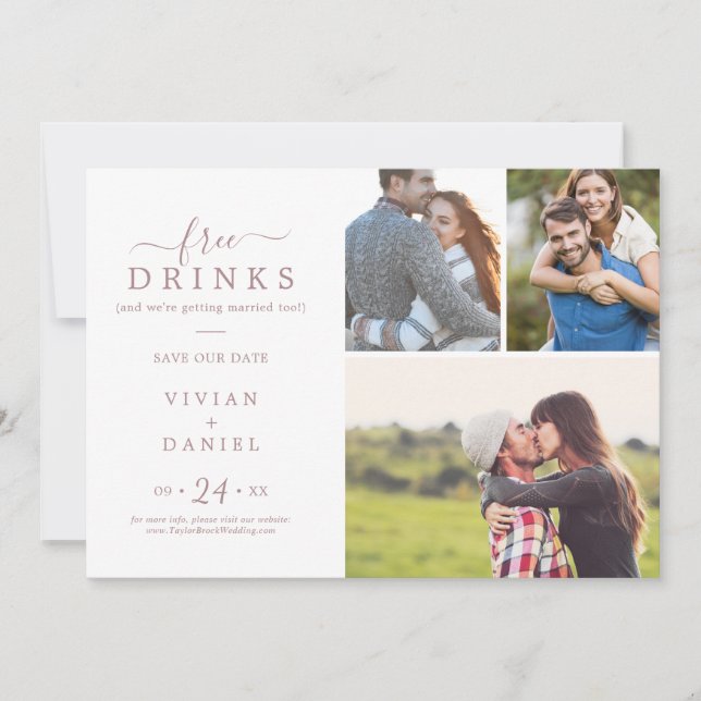 Minimalist Rose Gold Free Drinks 3 Photo Collage Save The Date (Front)