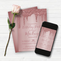 Minimalist Rose Gold Glitter Drips Birthday