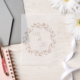Minimalist Rose Gold Leaf Wreath Monagram Wedding Vellum Invitations