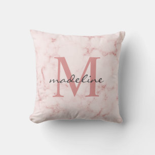 Minimalist Rose Gold Pink Marble Monogram Throw Pillow