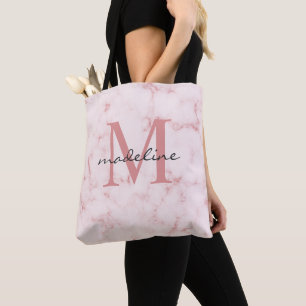 Minimalist Rose Gold Pink Marble Monogram Tote Bag