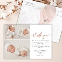 Minimalist Rose Gold Script Baby Photo Thank You P