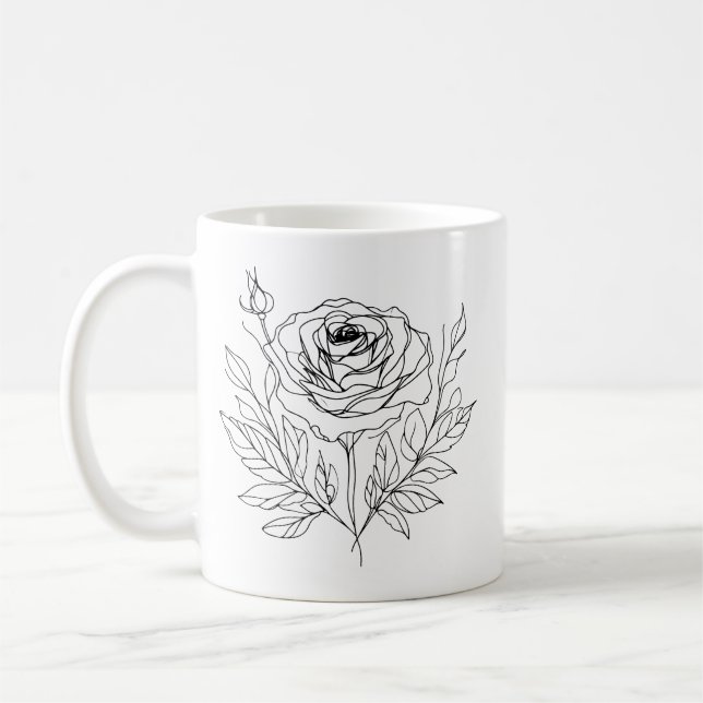 minimalist rose one line art drawing in black coffee mug (Left)