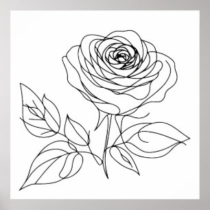minimalist rose one line art drawing in black poster