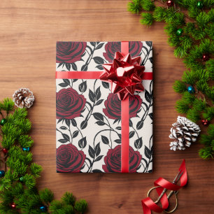 Minimalist Roses In Black And Deep Red On A Cream Wrapping Paper