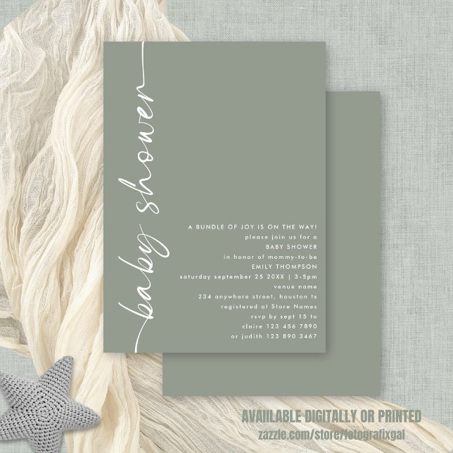 Minimalist Rotated Calligraphy Sage Baby Shower Invitation (Front and back view. Available digitally or printed)