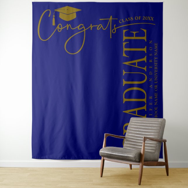 Minimalist Royal Blue & Gold Congrats Graduate Tapestry (In Situ)