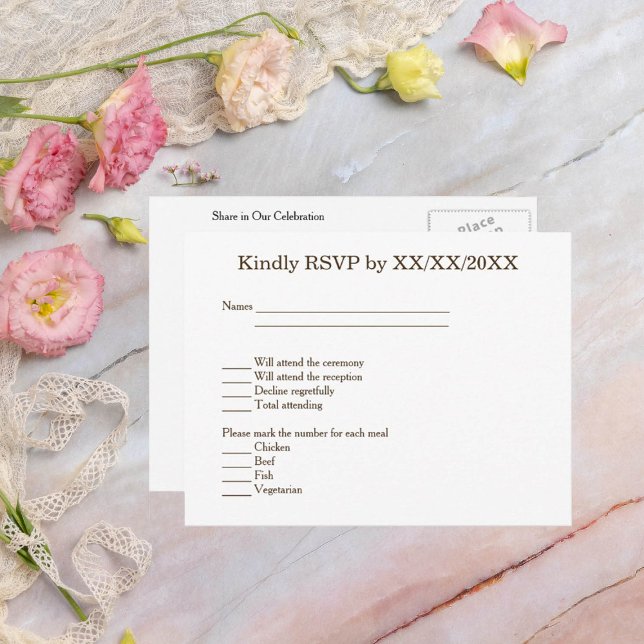 Minimalist RSVP Menu Custom Bride Groom Postcard (Creator Uploaded)