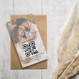 minimalist rsvp qr code wedding photo couple card