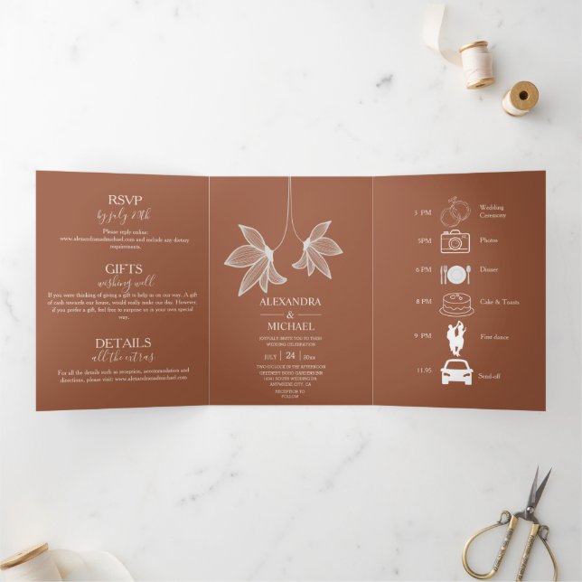 Minimalist Rust Burnt Orange Teracotta Wedding Tri-Fold Invitation (Inside)