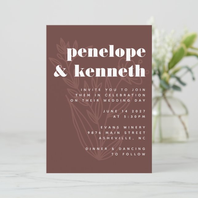 Minimalist Rustic Brown Floral Line Art Wedding  Invitation (Standing Front)