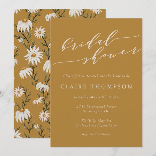 Minimalist Rustic Floral Yellow Bridal Shower Invitation (Front/Back)