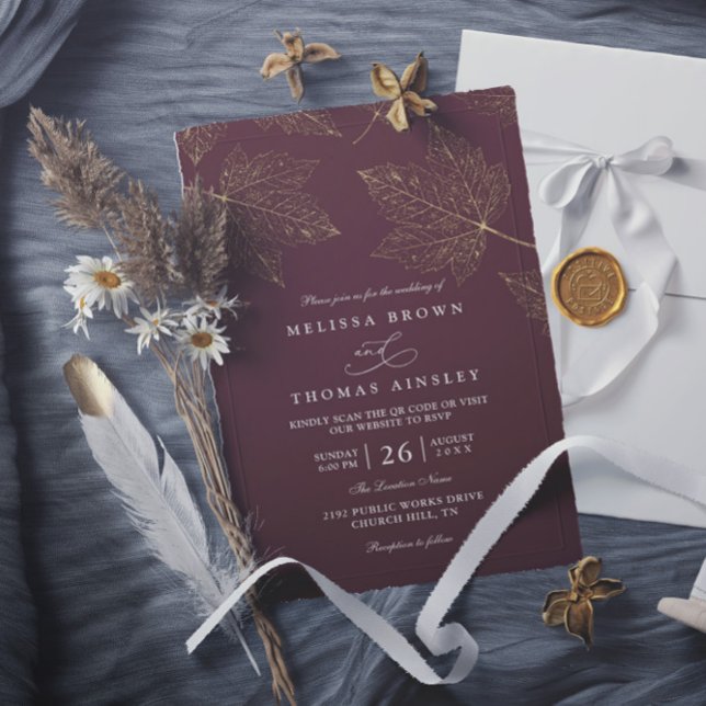 Minimalist Rustic Gilded Maple QR Code Wedding Invitation (Creator Uploaded)