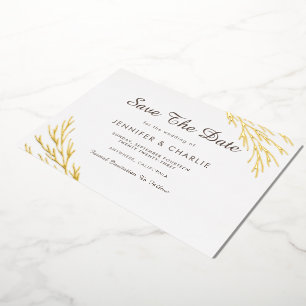 Minimalist Rustic Gold Leaves White Save The Date