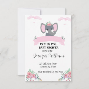 Minimalist Rustic Pink Floral Elephant Baby Shower Invitation
