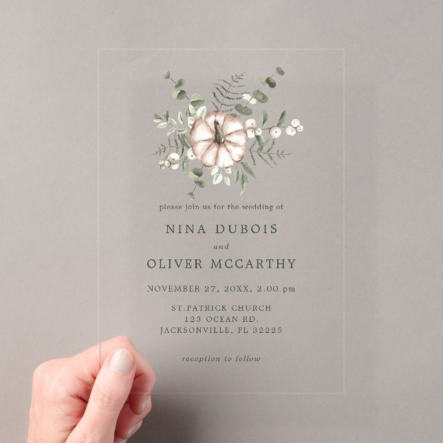 Minimalist Rustic Pumpkin and Green Leaves Wedding Acrylic Invitations (Insitu (Handheld))