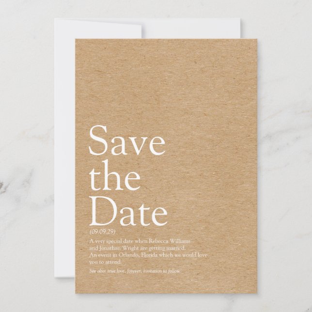 Minimalist Rustic Save the Date Definition Invitation (Front)