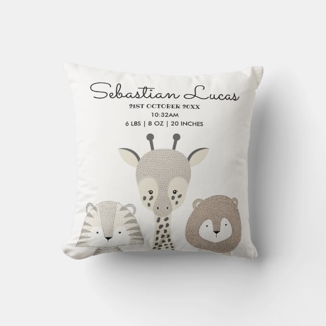 Minimalist Safari Jungle Birth Stats Modern Throw Pillow (Front)