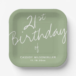 Minimalist Sage 21st Birthday Paper Plate