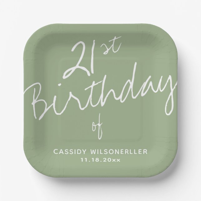 Minimalist Sage 21st Birthday Paper Plate (Front)