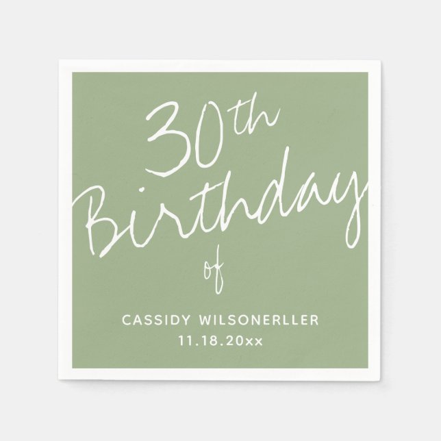 Minimalist Sage 30th Birthday Napkin (Front)