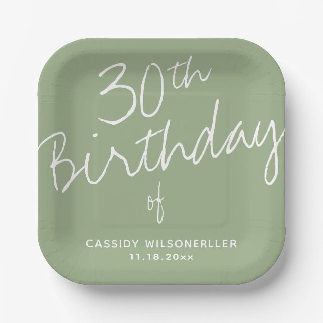 Minimalist Sage 30th Birthday Paper Plate (Front)