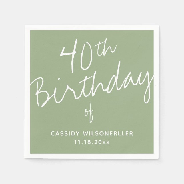 Minimalist Sage 40th Birthday Napkin (Front)