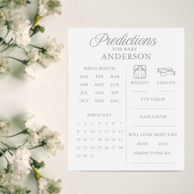 Minimalist Sage Green Baby Shower Predictions Game (Creator Uploaded)