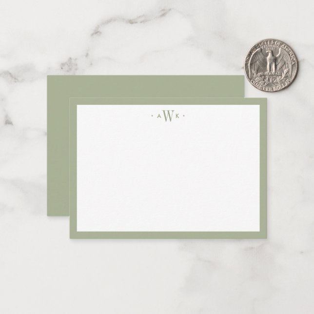 Minimalist Sage Green Border Modern Monogram Card (Front/Back In Situ)