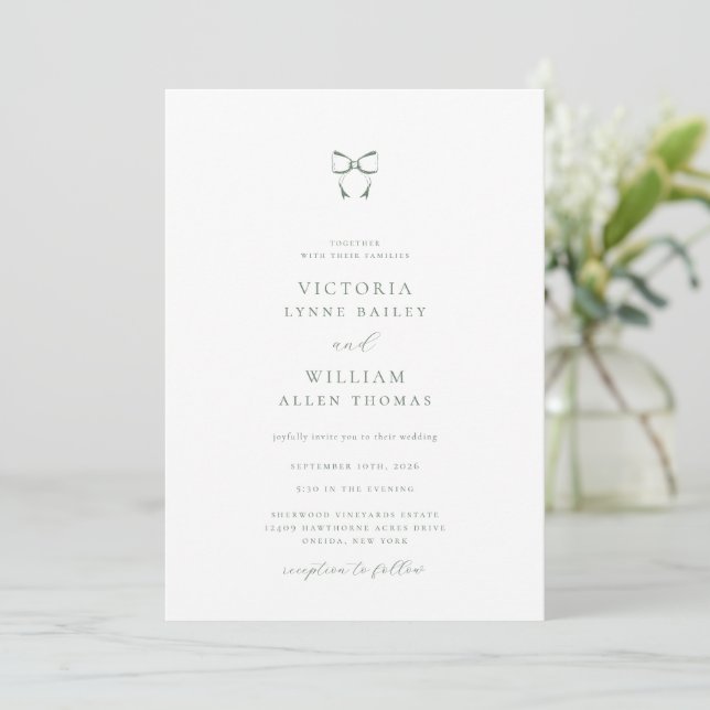 Minimalist Sage Green Bow Wedding Invitation (Standing Front)