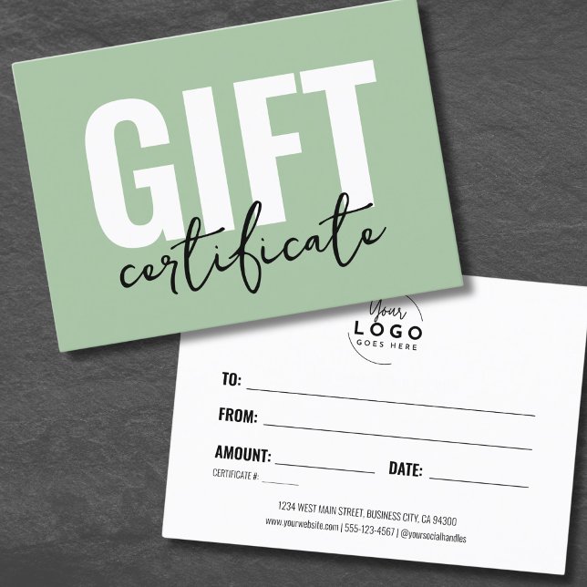 Minimalist Sage Green Business Gift Certificate (Sage Green Minimal Logo Business Gift Certificate)