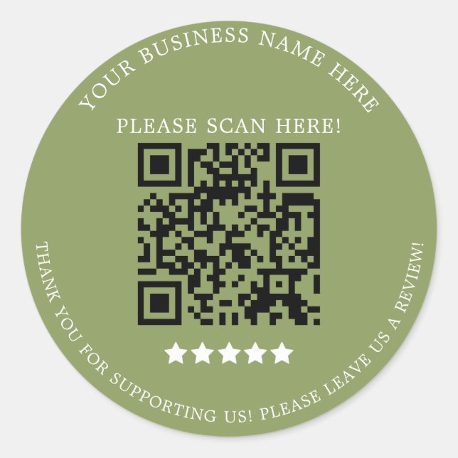 Minimalist Sage Green Business Name QR Code Classic Round Sticker (Front)