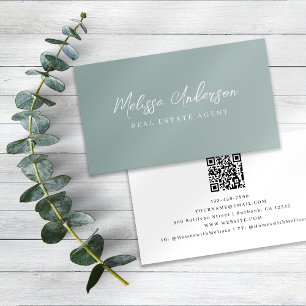 Minimalist Sage Green Calligraphy QR Code Business Card
