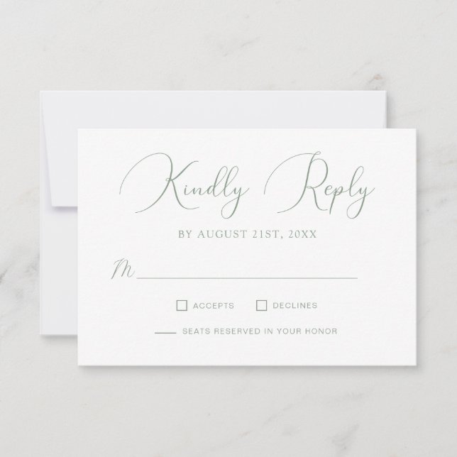 Minimalist Sage Green Calligraphy Script Wedding RSVP Card (Front)