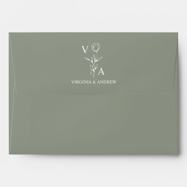 Minimalist Sage Green Floral Boho Elegant Wedding  Envelope (Back (Top Flap))
