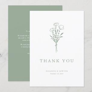 Minimalist Sage Green Floral Bouquet Wedding Thank You Card
