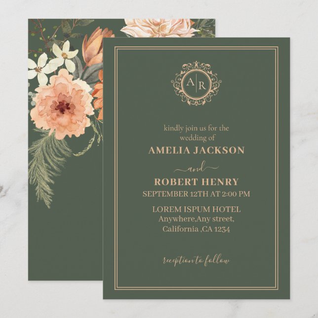 Minimalist sage green floral rustic  fall wedding invitation (Front/Back)