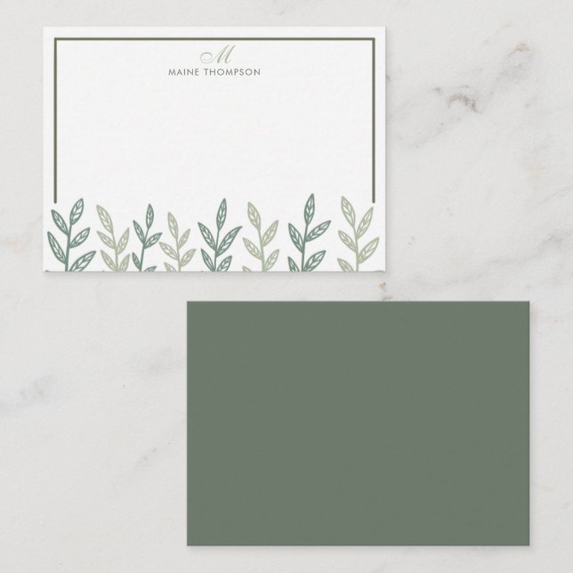 Minimalist Sage Green Leaves Script Monogram Card (Front/Back)