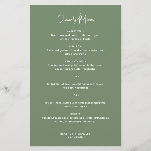 Minimalist Sage Green Modern Wedding Menu (Front)