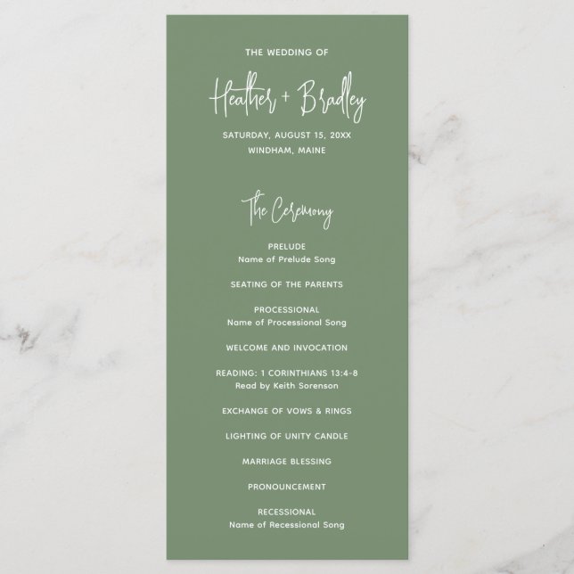 Minimalist Sage Green Modern Wedding Program (Front)