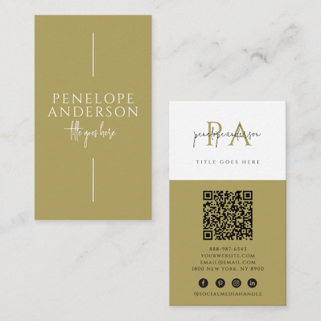Minimalist Sage Green Neutral QR Code Boho Modern Business Card (Front/Back)