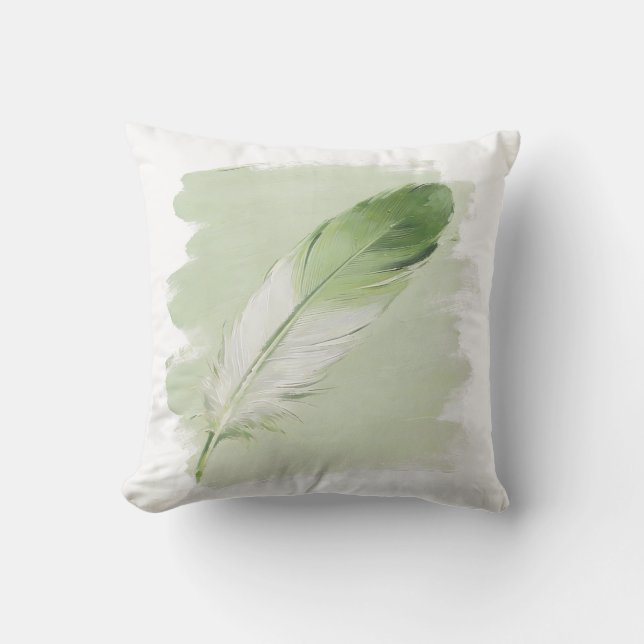 Minimalist Sage Green Paint Stroke Feather Throw Pillow (Front)
