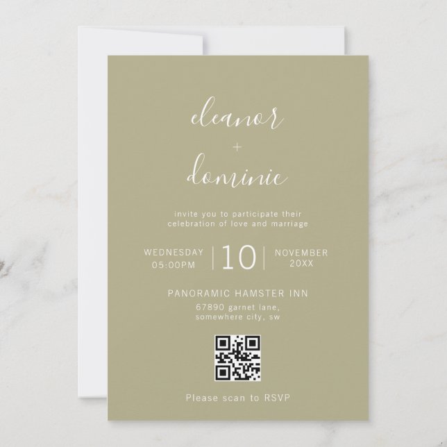 Minimalist Sage Green Photo RSVP QR Code Wedding Invitation (Back)