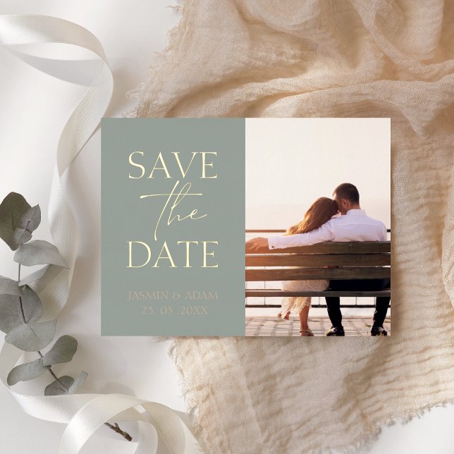Minimalist Sage Green Photo Wedding Save the Date Foil Holiday Postcard (Creator Uploaded)