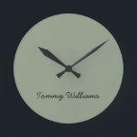 Minimalist Sage Green Professional Simple Round Clock<br><div class="desc">These simple,  minimalist can be personalised to include a name or any text of your choice. If you don't want any text and would prefer just a blank,  then you can simply delete the text.</div>