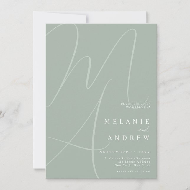 Minimalist Sage Green Script Monogram Wedding Invitation (Front)